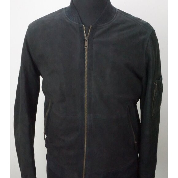 John Varvatos Sheepskin Leather Dark Blue Bomber Zip Jacket Sz M Brand New - Picture 1 of 7